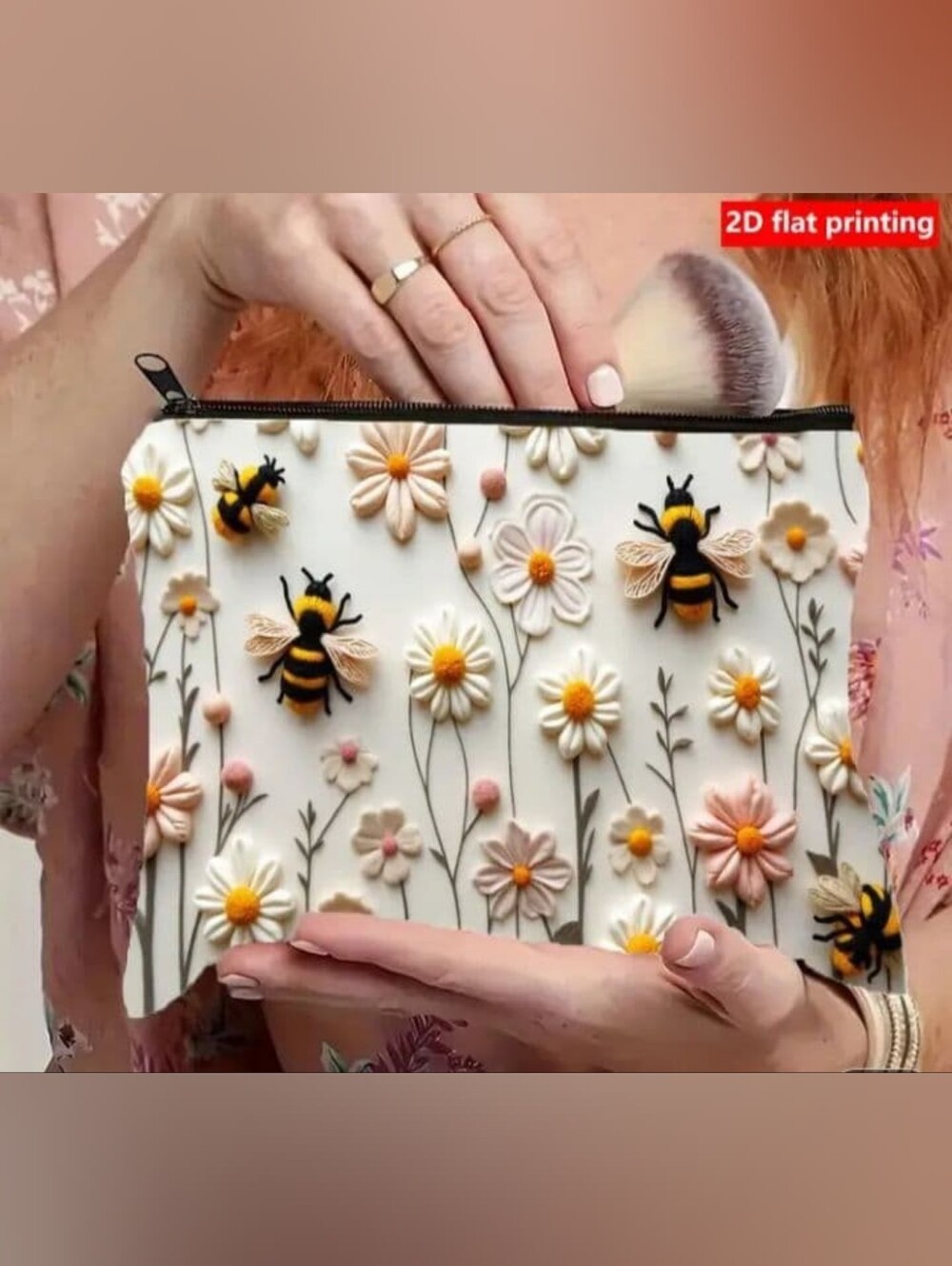 2D Bee & Daisy Floral Makeup Bag with Secure Zipper Closure  New